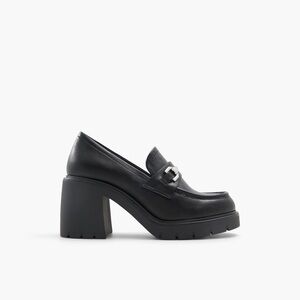 Call It Spring Black Chunky Heel Loafer with Silver Buckle Accent